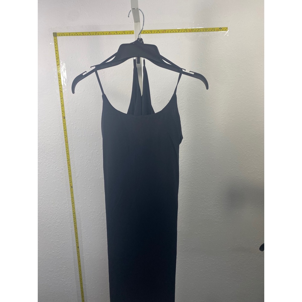 Black Spaghetti Strap Halter Back Midi Slip Dress Minimalist Sleeveless LBD